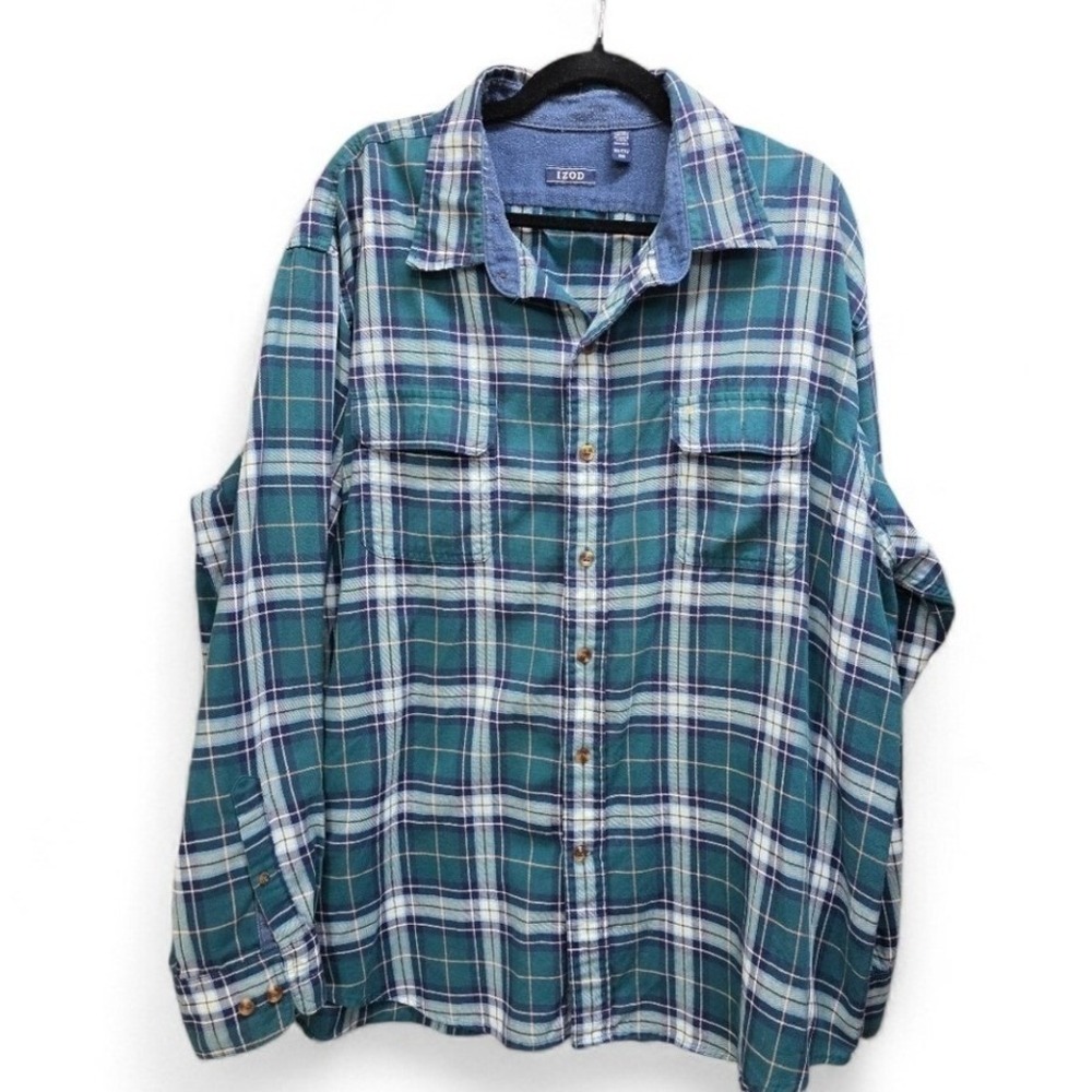 Izod Men's 2 XL Plaid Flannel Button Down Shirt Blue Green Long Sleeve Cotton